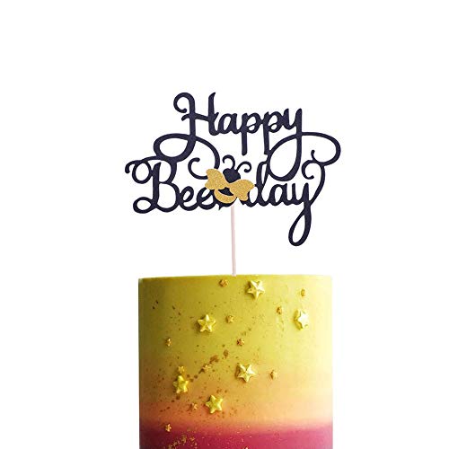 Bee Day Gold Glitter Happy birthday Cake Topper Bumble Bee Cupcake Toppers for Bee Themed Happy