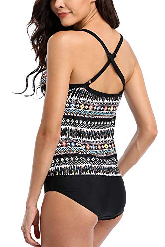 Attraco-Damen-Two-Piece-Tribal-Tankini-Set-Mit-Schwarzem-Slip-Azteken