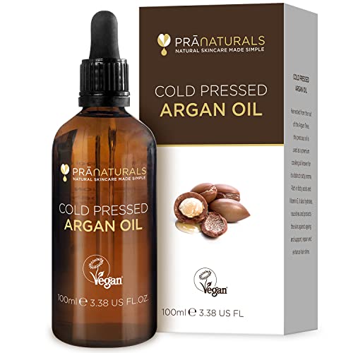 PraNaturals Olio di Argan del Marocco per capelli, viso e corpo – 100% Naturale, puro e senza parabeni o SLES, Ricco di vitamina E per pelle e capelli sani, Vegano, non testato su animali