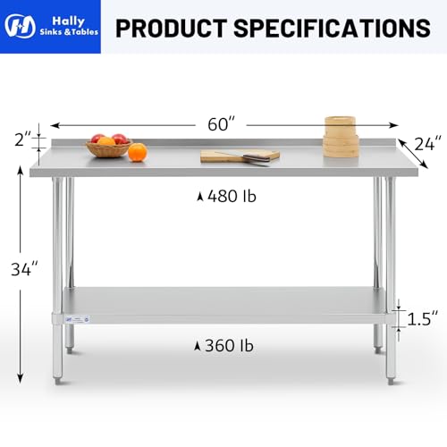 Hally Stainless Steel Work Table with Backsplash Prep Table Commercial Kitchen Table Heavy Duty Workstation, 24 x 60 Inch Food Prep Station with Adjustable Shelf for Home Garage Restaurant