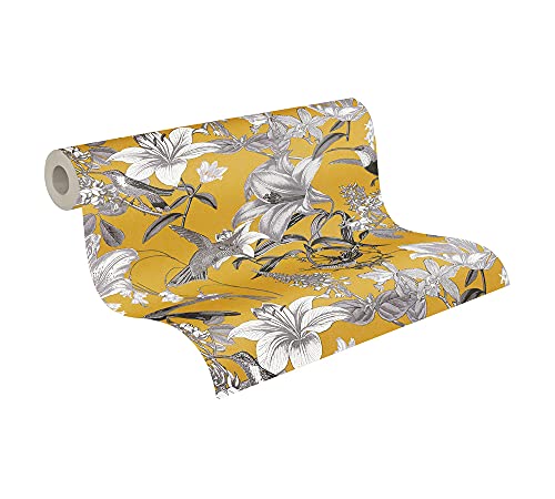 A.S. Creation Floral Wallpaper Jungle Chic Non-Woven 10.05 m x 0.53 m Yellow Grey Black Made in Germany by Architects Paper 377013 37701-3