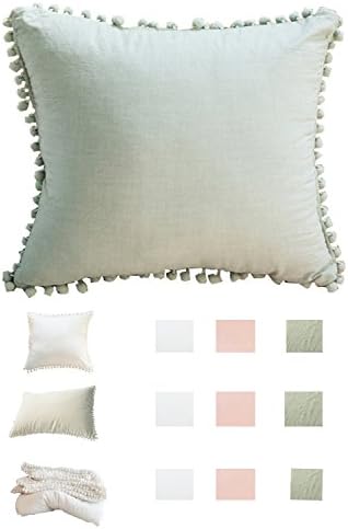 Meaning4 Pom Poms Fringe Cotton Throw Pillow Cover Sage 18X18inches(45x45CM)