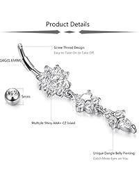 JOERICA piercing de ombligo, 3 piezas, de acero inoxidable 14G, con incrustaciones de circonia cúbica