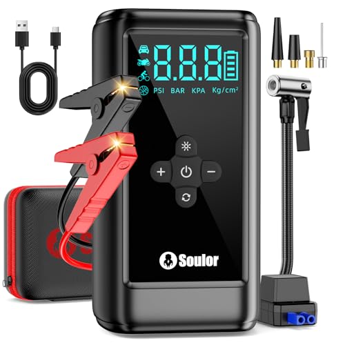 Car Battery Booster Jump Starter, 6000A Jump Starter with Air Compressor, Booster Pack with 160PSI Portable Tire Inflator (All Gas/14.0L Diesel), LED Light, EVA Case