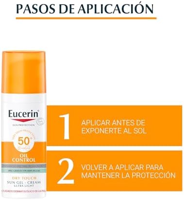 Sun Gel Crema Oil Control Dry Touch FPS 50+ (50 ml), protección solar facial 50+ con filtros UVA/UVB, crema solar para piel grasa y propensa al acné, crema de sol con textura ultraligera
