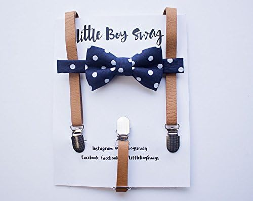 Boys Navy Polka Dot Bow Tie with Tan Leather Suspenders. A stylish look for ring bearers, groomsman, birthday parties, cake smash or family photos.