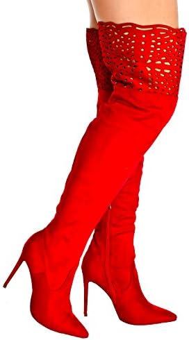 XteselohX MICROFIBER SIDE ZIPPER POINTED TOE THIGH HIGH HEEL BOOT 65 red