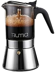 Rumia Stainless Steel &Glass Stovetop Moka Pot，Classic Italian Style Espresso Cup Moka Pot，Easy to Operate & Quick Cleanup Moka Pot (6 Cup)