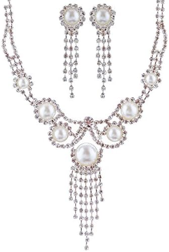 ACCESSORIESFOREVER Women Bridal Wedding Prom Fashion Jewelry Set Crystal Rhinestone Pearl Vintage Drop Necklace Silver