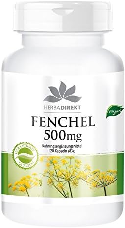 Herbadirekt Fennel 500mg, fennel seed powder, vegan, 120 capsules
