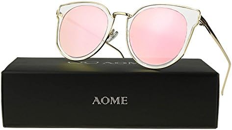 AOME Cat Eye Sunglasses Transparent Frame Reflective Mirror Lenses Round Sunglasses (Gold&amp;Pink, 2.0)