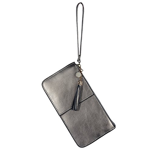 Lovena Soft Leather Wristlet Smartphone Zipper Wallet Tassel Wristlet - Fit iPhone X/iPhone 8/7Plus Samsung Note 8/5- Sliver - Thumbnail 7