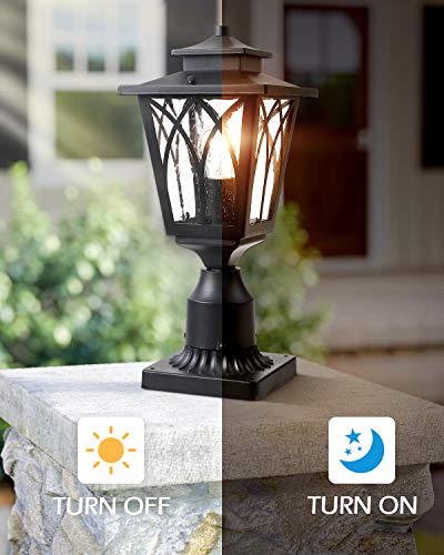 JAZAVA Outdoor Post Light Mounted Fixtures, Exterior Post Lantern LED Street Light with 3-Inch Pier Mount Base One-Light for Patio, Black Finish with Seeded Glass