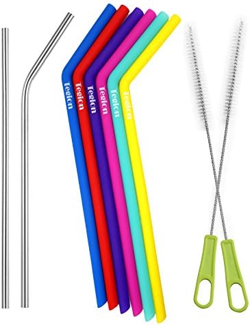 Tegion Medium Width Reusable Silicone And Stainless Steel Straws Bundle for 20 30 OZ YETI,RTIC,24 oz Tervis Tumbler with cleaning brushes 11 Pack