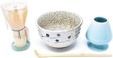 Tradition Matcha – 4pcs Matcha Bowl Set (Bowl, Bamboo Whisk, Scoop, and Whisk holder) (Four Dots / Blue)