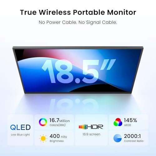 UPERFECT Wireless Portable Monitor with 10000mAh Battery, 18.5" QLED Display, 1080P 100Hz, 145% sRGB, AirPlay & Miracast, VESA, Sleeve Included, for Laptop, PC & Phone