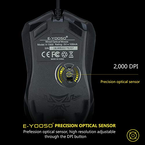 E-YOOSO 4-Button USB Wired Mouse, DPI Adjustable Button, Optical Sensor Mice 1000/1600/2000DPI, Ergonomic Shape, 5ft Cord, Office Business Mouse for Laptop Chrome-Book PC Desktop Mac Notebook, Black