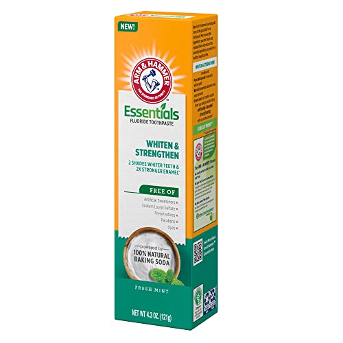 ARM & HAMMER ESSENTIALS WHITEN & STRENGTHEN FLUORIDE TOOTHPASTE-4 PACK OF 4.3OZ TUBES, FRESH MINT- 100% NATURAL BAKING SODA- FLUORIDE TOOTHPASTE