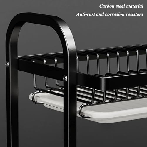 Nyganmelloz 2-Tier Stainless Steel Dish Drying Rack, Dish Drainer with Drip Tray & Utensil Holder, Multifunctional Countertop Organizer with Cup, Cutting-Board, Plate Holder for Kitchen Sink, Black