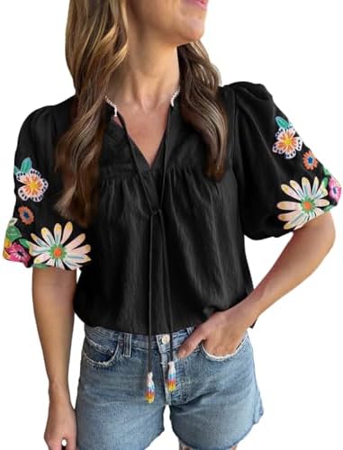 Ecosunny Women's Boho Embroidered Tops V Neck Floral Short Puff
