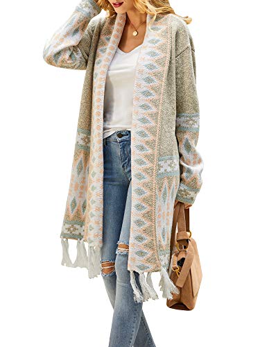 Ferbia Women Boho Cardigan Open Front Long Maxi Knit Sweaters Aztec Tribal Tassel Fringe Thin Coat
