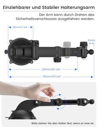 OHLPRO Tablet Holder Car, 360° Rotation Tablet Mounts, 18 cm, Extendable Arm + Washable Suction Cup, iPad Car Mount Clamp, Universal Windscreen and Dashboard for 4.7-13 Inch iPad Smartphone