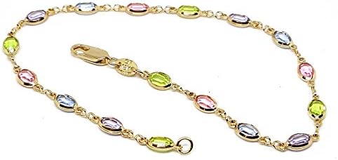 18kt Brazilian Gold Layered Oval Multicolor Stones Anklet. 10" length, 5.5mm wide.