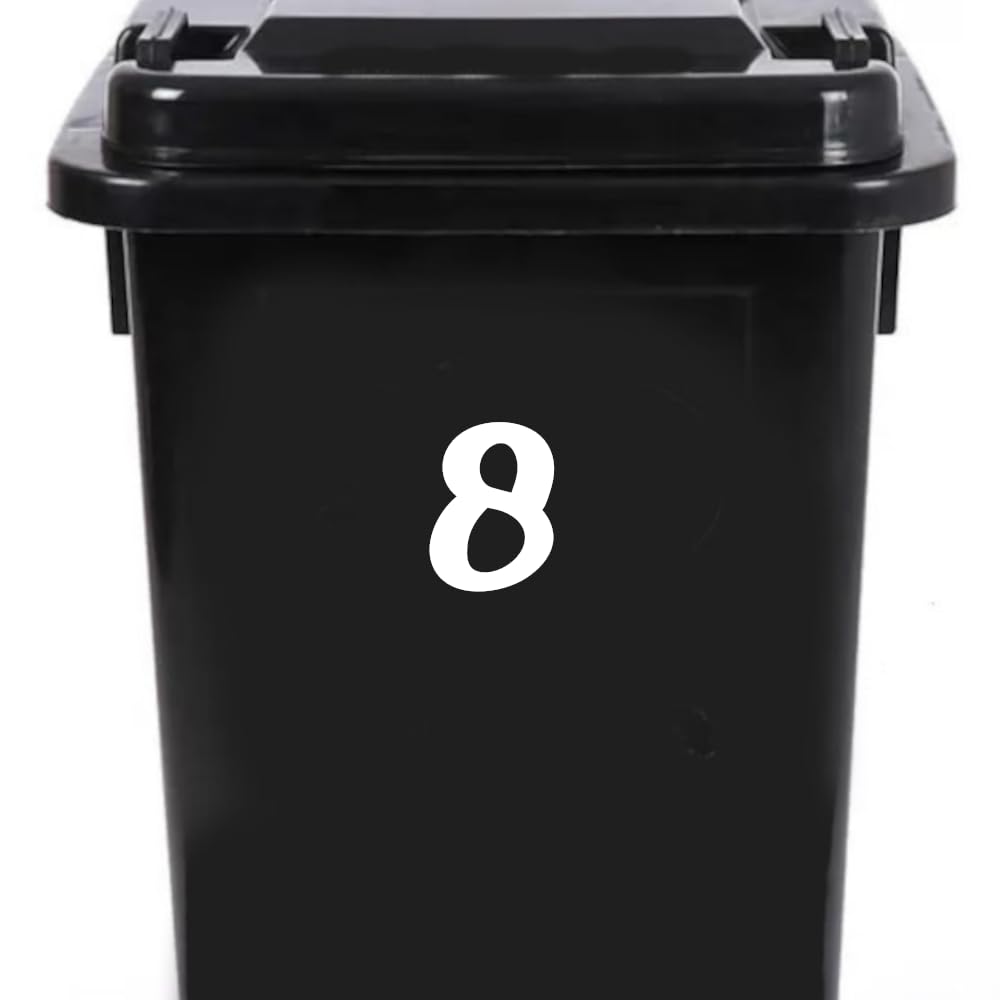 Pack of 4 House Number Wheelie Bin Stickers - Waterproof Decals - Easy-to-Apply - Recycling Boxes - Party Decorations (8)