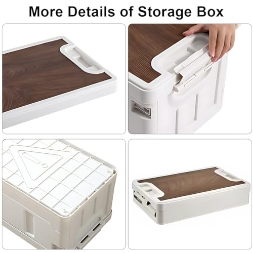 Collapsible Storage Box, Folding Containers Bin Plastic Camping Box With Wood Lid, Stackable Storage Bins Cube Closet Organizer Crate For Clothing Toys Outdoor Indoor Home Camping Picnic Car 40L White