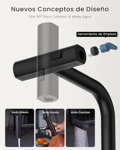 APPASO Grifo de cocina en cascada con rociador extraíble, grifo de cocina negro con rociador 3 modos, grifo mezclador de fregadero de cocina giratorio 360° de acero inoxidable SUS304 (Negro Mate)