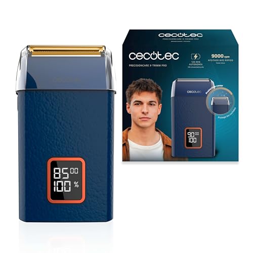 Cecotec Professioneller Lamellenrasierer PrecisionCare X-Trimm Shave. Ledergehäuse, 9000RPM Motor, 3 Geschwindigkeiten, Titanklingen, LED-Anzeige, 2h Laufzeit, Schutzkappe und Reisetasche