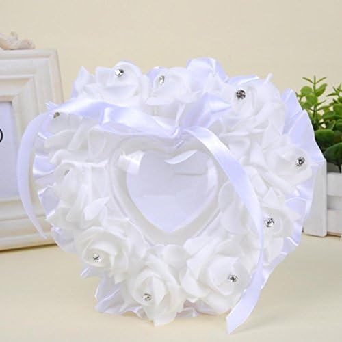 Renttos Wedding Ceremony Foam Satin Crystal Flower Wedding Ring Bearer Pillow Cushion Heart Shaped Gift Ring Box Wedding Accessories (White)