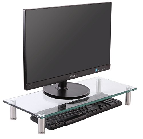 Husky Mounts Computer Monitor Riser Desktop Monitor Stand 22 X 9.5 Inch Thick Tempered Clear Plate Glass. 3"- 3 3/4" Adjustable Height Aluminum Legs Desk Shelf Laptop TV Riser Elegant Modern Design. - Thumbnail 7