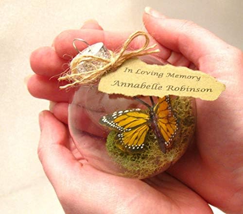 cassy Butterfly Memorial Christmas Ornament -Monarch Captive Inside Clear Glass Ornament, in Memory of Personalization Note