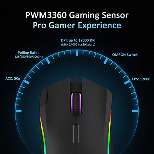 Delux Wired RGB Gaming Mouse with 24000 DPI, 7 Programmable Buttons and Pro Game Software, Ergonomic Optical Gamer Mouse for PC Laptop Computer (M625BU(3360)-Black)