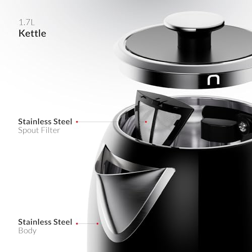 Feller Germany 2200 W 2-in-1 Retro Teamaker/Coffee Maker +1.7L Stainless Steel Electric Kettle with Strix, Adjustable Touch Teapot Temp+LED Display, TS490, 2Y Guarantee-UAE Version (Black)