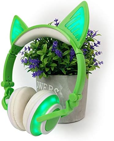 Limson Cat Headphones Wireless Bluetooth Headset with Flashing LED Light for Kids Boys Girls Teens Adults for Cell Phones iPad Amazon Fire Tablet Laptop PC(Green)