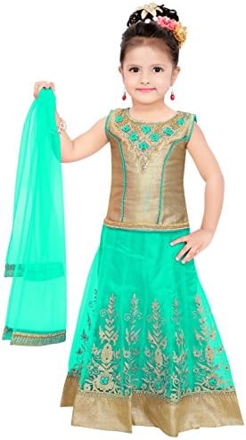ETHNICAL KIDS Girls' Indian Ethnic Wear Dupion And Netted Fabric Chaniya Choli Green
