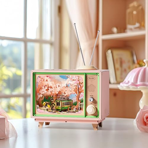 Rolife 3D Anime Sakura Tram TV Decor Jigsaw Puzzle Wooden Model 283 Pieces - Wooden Model Building with Mobile Tram & LED, Cherry Blossom Scene, Gift for Construction & Home