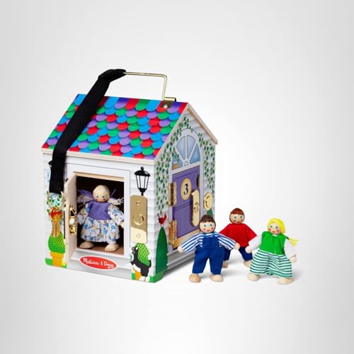Melissa & Doug Take-Along Wooden Doorbell Dollhouse - Doorbell Sounds, Keys, 4 Poseable Wooden Dolls Portable Doll House, Doorbell House for Kids Ages 3+