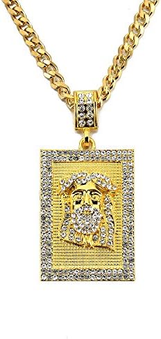 Mens Gold Tone Dog Tag Jesus Face Hip-hop Pendant Stainless Steel Necklace,30 Inch Cuba Chain