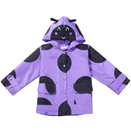 BELLE-LILI Kids Girls Dot Print Lightweight Raincoat Hooded Waterproof Rain Jacket Outwear (6-7 Years, Purple)