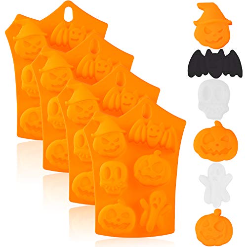 4 Pieces Halloween Silicone Baking Molds Chocolate Cookie Candy Ice Cube Molds with Pumpkin Bat Skull Ghost Shape for Kitchen DIY Baking Tools Supplies