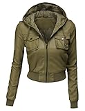Doublju Womens Hooded Cropped Faux Leather Moto Jacket Olive Small