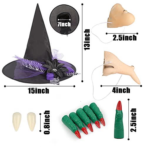 AMOR PRESENT Wicked Witch Costume, 17PCS Halloween Witch Costume Accessories for Kids Adults Witch Nose for Costume Halloween Party Favors Cosplay Party Novelty Costume