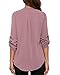 roswear Women's Chiffon V-Neck Business Casual Blouse Work Tops with Cuffed Sleeves Dark Pink X-Large