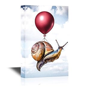 Canvas Wall Art - Snail Carried Up in The Sky by a Red Balloon - Gallery Wrap Modern Home Art | Ready to Hang - 12x18 inches