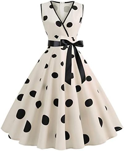 PENGYGY Woman Dot Printing Skirt Casual Retro Sleeveless Dress Ladies V-Neck Party Prom Swing Dress