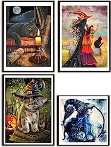 DCIDBEI 30 x 40/30 cm 4 Pack Diamond Painting Complete Round Kit, Witch Diamond Painting, Work Manual Adults Diamond Art Home Wall Decoration, Embroidery Diamond Painting Black Cat