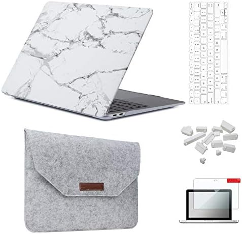 Keyrun MacBook Air 13-inch(2018/2019 Release) A1932 Hardshell Case & Felt Sleeve 5 in 1 Bundle with Screen Protector, Keyboard Cover & Dust Plug - White Marble